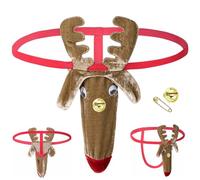 Anzhee Herren String Weihnachten Unterwäsche Rentiere Mankini Borat Tanga Lustiger Schwimmen G-Strings Thongs für Herren Badeanzug Hirsch Unterhose Einheitsgröße Braun mit 1pcs Kleine Glocke