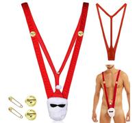 Anzhee Herren String Weihnachten Unterwäsche Weihnachtsmann Mankini Borat Tanga Lustiger Schwimmen G-Strings Thongs für Herren Badeanzug Unterhose Einheitsgröße Rot mit 2pcs Kleine Glocke