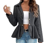 Anzug Damen Elegant Damen-Freizeitjacke, hoher, niedriger Saum, vorne offen, lange Ärmel, Arbeitsmantel mit Schößchen Damen Schlaf Mantel (Black, XL)