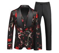 Anzug Herren, 3-teiliger schmal geschnittener übergroßer Smokinganzug aus Jacquard mit Blumen und Vögeln, für lässige Hochzeitsbankette, Abschlussbälle, Partys, Blazer, Weste, Hosenanzug,3XL,Red