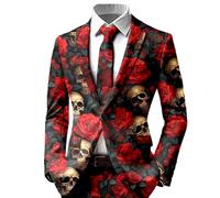 anzugjacke herren schwarz rot, Halloween Anzug Herren Totenkopf Aufdruck Regular Fit Entsetzen Kostüm Formell Mantel Anzugjacke Langarm Herrenjacke Outfit Party Knopf Sakko Blazerjacke, Schwarz, XL