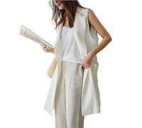 Anzugweste für Damen,Damen Weste Aus Baumwollleinen Lockere Ärmellose Lange Blazerweste Sommer Lockere Leichte Jacke Revers Arbeitswesten mit Taschen Einfarbig Lässige Strickjacke mit Knopfleiste