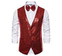 Anzugweste für Herren Glitzer Weste mit Fliege Set Ärmellos Anzugwesten V-Ausschnitt Blazer Pailletten Sakko Glänzende Herrenjacke Anzug Westen Karneval Kostüm für Hochzeit Party Festlich Disco Outfit