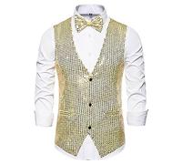 Anzugweste für Herren Glitzer Weste mit Fliege Set Ärmellos Anzugwesten V-Ausschnitt Blazer Pailletten Sakko Glänzende Herrenjacke Anzug Westen Karneval Kostüm für Hochzeit Party Festlich Disco Outfit