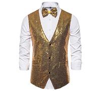 Anzugweste für Herren Glitzer Weste mit Fliege Set Ärmellos Anzugwesten V-Ausschnitt Blazer Pailletten Sakko Glänzende Herrenjacke Anzug Westen Karneval Kostüm für Hochzeit Party Festlich Disco Outfit
