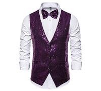 Anzugweste für Herren Glitzer Weste mit Fliege Set Ärmellos Anzugwesten V-Ausschnitt Blazer Pailletten Sakko Glänzende Herrenjacke Anzug Westen Karneval Kostüm für Hochzeit Party Glitzer Outfit