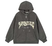 Aobiono Damen Herren Y2K Star Zip Up Jacke Oversized Hoodie Vintage Fleece Japanisches Harajuku Emo Grunge Baggy Kapuzen-Sweatshirt, Grau, M