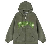 Aobiono Damen Herren Y2K Star Zip Up Jacke Oversized Hoodie Vintage Fleece Japanisches Harajuku Emo Grunge Baggy Kapuzen-Sweatshirt, Grün , Large