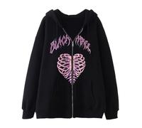 Aobiono Damen Herren Y2K Zip Up Oversized Hoodie Gothic Skelett Hohl Herz Grafik Emo Grunge Alt Baggy Fleece Jacke 90 Punk, Schwarz, 4XL
