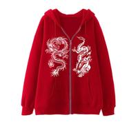 Aobiono Frauen Männer Y2K Zip Up Übergroße Hoodie Gothic Dragon Graphic Emo Grunge Alt Baggy Fleece Jacke 90s Punk Streetwear, rot red, L