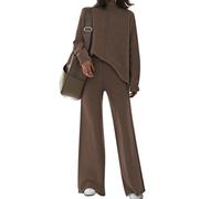 AOHITE 2-teiliges Damen-Outfit-Set, langärmelig, Strickpullover, Oberteil und Hose mit weitem Bein, Ein dunkler Kaffee, M
