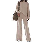AOHITE Damen 2-teiliges Outfit-Set, langärmelig, Strickpullover, Oberteil und Hose mit weitem Bein, Sweatsuit, Aprikose, L