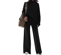 AOHITE Damen 2-teiliges Outfit-Set, langärmelig, Strickpullover, Oberteil und Hose mit weitem Bein, Sweatsuit, A Schwarz, L