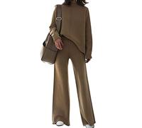 AOHITE Damen 2-teiliges Outfit-Set, langärmelig, Strickpullover, Oberteil und Hose mit weitem Bein, Sweatsuit, Ein Braun, M