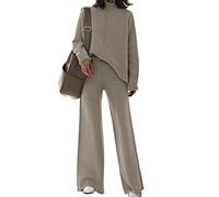 AOHITE Damen 2-teiliges Outfit-Set, langärmelig, Strickpullover, Oberteil und Hose mit weitem Bein, Sweatsuit, Ein Khaki, XL