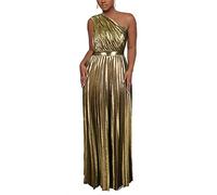 AOMEI Damen Luxus Metallic One Shoulder Ärmellos Elegant Plissee Langes Kleid, gold, Mittel