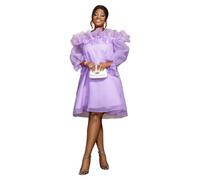 AOMEI Süßes schulterfreies Damenkleid mit Rüschen, Netzstoff, Spaghettiträger, lange Ärmel, lässig, Chiffon, fließend, kurze Kleider, Violett, Mittel