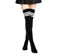 Aomig Damen Overknees Strümpfe, 1 Paar Warm Halten Einfarbig Gestreifte Lange Kniestrümpfe Mädchen, Lässige Kniehohe Socks für den Alltag, Weihnachten und Halloween Cosplay（Schwarz Streifen）