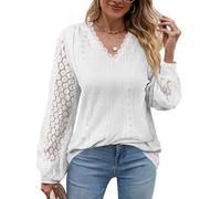 Aomig Damen Spitze Weiße Tops, Elegant Puffärmeln Langarm V Ausschnitt Tunika Casual Einfarbig Weiss Festliche Blusen, Puffärmeln Oberteil T Shirt Blusenshirt Damenblusen Only Bluse Hemd für Damen (L)