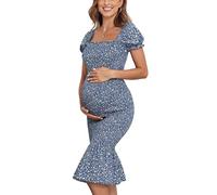 AONESX VmSlyii Mutterschaft Sommer Floral Midi Bodycon Kleider, Kurze Puffärmel Quadratischer Ausschnitt Rüschen Saum Meerjungfrau Baby Dusche Kleid, Blau, Mittel