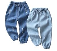 AOOPOO 2er Pack Baby Kleinkind Jungen Jeans Elastische Taille Denim Lang Hose Kinder Sommer Weich Leicht 100% Baumwolle Jeanshose Dünn Haremshose Jogginghose Lässige Hose für Jungen 12 Monate-5 Jahre