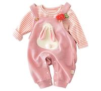 AOOPOO 2tlg Baby Mädchen Kleidung Set 6 Monate-3 Jahre Kleinkind Gestreiftes Lange Ärmel Baumwolle T-Shirt Baby Latzhose mit 3D Häschen Frühling Herbst Gr. 68/74/80/86/92/98