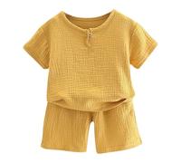 AOOPOO Baby Jungen Mädchen Musselin Kleidung Set Sommer Baumwolle Leinen Zweiteiler Outfit Kurzarm T-Shirt Top + Shorts Kleinkind Weiche Einfarbige Bekleidungssets für Kinder 6 Monate-5 Jahre
