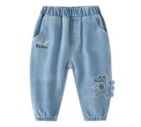 AOOPOO Baby Kinder Jungen Jeanshose Elastische Taille Baumwolle Denim Hose mit Taschen Kleinkind Niedlicher 3D Cartoon Dinosaurier Loose Fit Lässige Jeans Hose für Jungen 1-7 Jahre Frühling Herbst