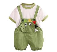 AOOPOO Baby Kinder Jungen Mädchen Kleidung Set Kleinkinder Baumwolle Kurzarm T-Shirt Oberteil + Sommer Latzhose Kurz Shorts mit Cartoon Dinosaurier Overall Jumpsuit Shorts 6 Monate-5 Jahre
