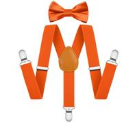 AOOWU Hosenträger für Herren, Breit 2.5 cm mit sehr Starken 3 Metall Clip, 2er Set mit farblich passender Fliege, Einstellbar und Elastisch Einheitsgröße für Junge und Mädchen (Orange-rote)