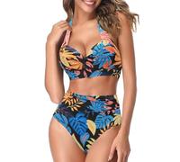 AOQUSSQOA Frauen Zweiteilige Tankini Badeanzüge High Waist Halfter Vintage Bikini Set Damen Bademode(Blue Leaves, L)