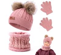 Aoreun Kinder Wintermütze Schal Handschuhe, 3 in 1 Mütze und Halstuch Baby Set, Baby Mütze Beanie Strickmütze, Warme Mädchen Winter Beanie Hut Schal Handschuhe Set für Kinder 2-6 Jahre