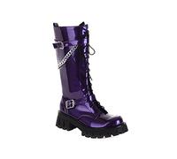AORUIDA Damen Knie Hohe Stiefel Gothic Punk Knöchelriemen Metall Schnalle Kette Niedrig Absatz Flache Schnürstiefelette,Lila,41 EU
