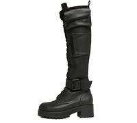 AORUIDA Damen Knie Hohe Stiefel Retro Gothic Punk Leder Schnalle Niedrig Absatz Flache Overknee Stiefel Lange Schnürstiefelette,Schwarz,40 EU