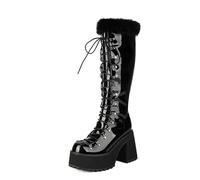 AORUIDA Damen Schnürstiefelette Retro PU Leder Plateau Keil Hohe Stiefel Schnallen Biker Army Militär Gothic Punk Stiefel Reitstiefel,Black Lacquered,37 EU