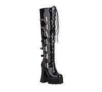 AORUIDA Damen Schnürstiefelette Schwarz Lackleder Plateau Hohe Overknee Stiefel Gothic Punk Metall Schnallen Biker Army Militär Leder Kampf Lange Stiefel,Schwarz,36 EU