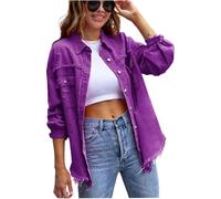 Aosufei Damenjacke mit lockerer Passform, Knopfleiste vorne, zerrissener Saum, klassisch, ausgefranster Saum, Trucker-Jacke, Frühling, Herbst, langärmelig, Used-Look, deep purple, XL