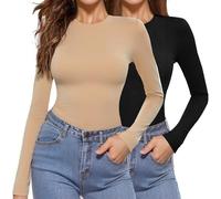 Aottori 2er Pack Langarmshirt Damen Rundhals Slim Fit Elegant | Basic Tops, Shirt Langarm, Oberteile, Unterziehshirt, Layer Tee, Casual, Figurbetont, Herbst, für Alltag Büro Freizeit
