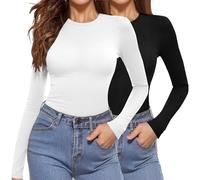 Aottori 2er Pack Langarmshirt Damen Rundhals Slim Fit Elegant | Basic Tops, Shirt Langarm, Oberteile, Unterziehshirt, Layer Tee, Casual, Figurbetont, Herbst, für Alltag Büro Freizeit