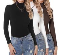 Aottori 3er Pack Langarmshirt Damen Baumwolle Rollkragenshirt Elegant Dünn Unterziehrolli Slim Fit Unterhemd Langarm Stretch Thermo Shirt Turtleneck Basic Top Schwarz+Weiß+Braun XS