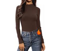 Aottori Basic Langarmshirt Damen Gerippt Baumwolle Oberteile Stehkragen Elegant Thermo Unterhemd Langarm Slim Fit Tops Eng Casual Dunkelbraun XL
