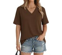 Aottori Basic Shirt Damen V-Hals Kurzarm Locker Sommer Einfarbig Braun S