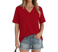 Aottori Basic Shirt Damen V-Hals Kurzarm Locker Sommer Einfarbig Rot XL