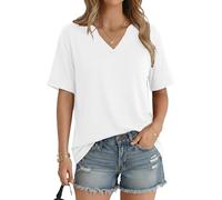 Aottori Basic Shirt Damen V-Hals Kurzarm Locker Sommer Einfarbig Weiß XXL