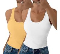 Aottori Damen 2er Pack Tank Top Sommer Sexy Oberteile Ärmellose Figurbetont Basic Shirt Gerippt Träger Blusentop Einfarbig Weiß+Gelb XS