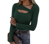 Aottori Damen Langarmshirt Asymmetrischer Ausschnitt Pullover Baumwolle Stretch Basic Oberteile Eng Rippshirt Langarm Sexy Tops Einfarbig Grün XXL