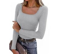 Aottori Damen Langarmshirt Stretch Pullover mit Eckigem Ausschnitt Gestrickt Rippshirt Slim Fit Sexy Oberteile Langarm Tops Stretch Hellgrau XL