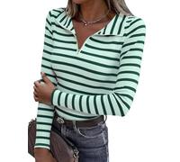 Aottori Damen Pullover Gestreiftes V-Ausschnitt Langarm Ringelshirt Baumwolle Langarmshirt Tuniken Blau XXL