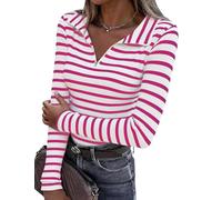 Aottori Damen Pullover Winter Baumwolle Gestreiftes Langarmshirt V-Ausschnitt Langarm T Shirt Rot XXL