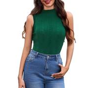 Aottori Damen Rollkragenshirt Ärmellos Top Stehkragen Slim Fit Stricktop Gerippt Elegant Basic Tanktop Stretch Einfarbig für Büro Freizeit Alltag Grün S